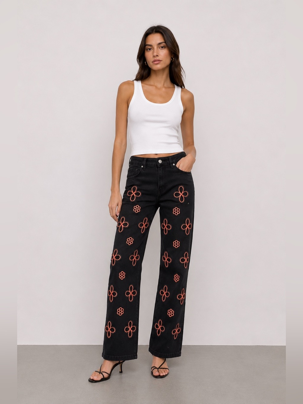 Blogger favorite BUTTON CLOSURE POCKETS PEARL FLOWERS DETAILED WIDE LEG JEANS